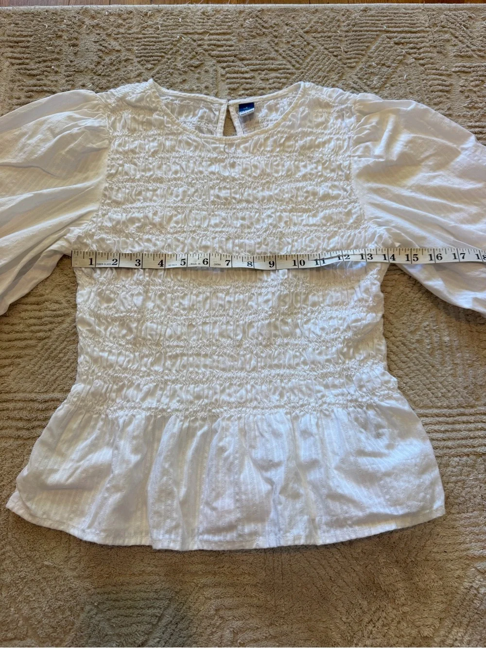 Old Navy White Smocked Peplum Puff Sleeve Blouse Size Small Tall